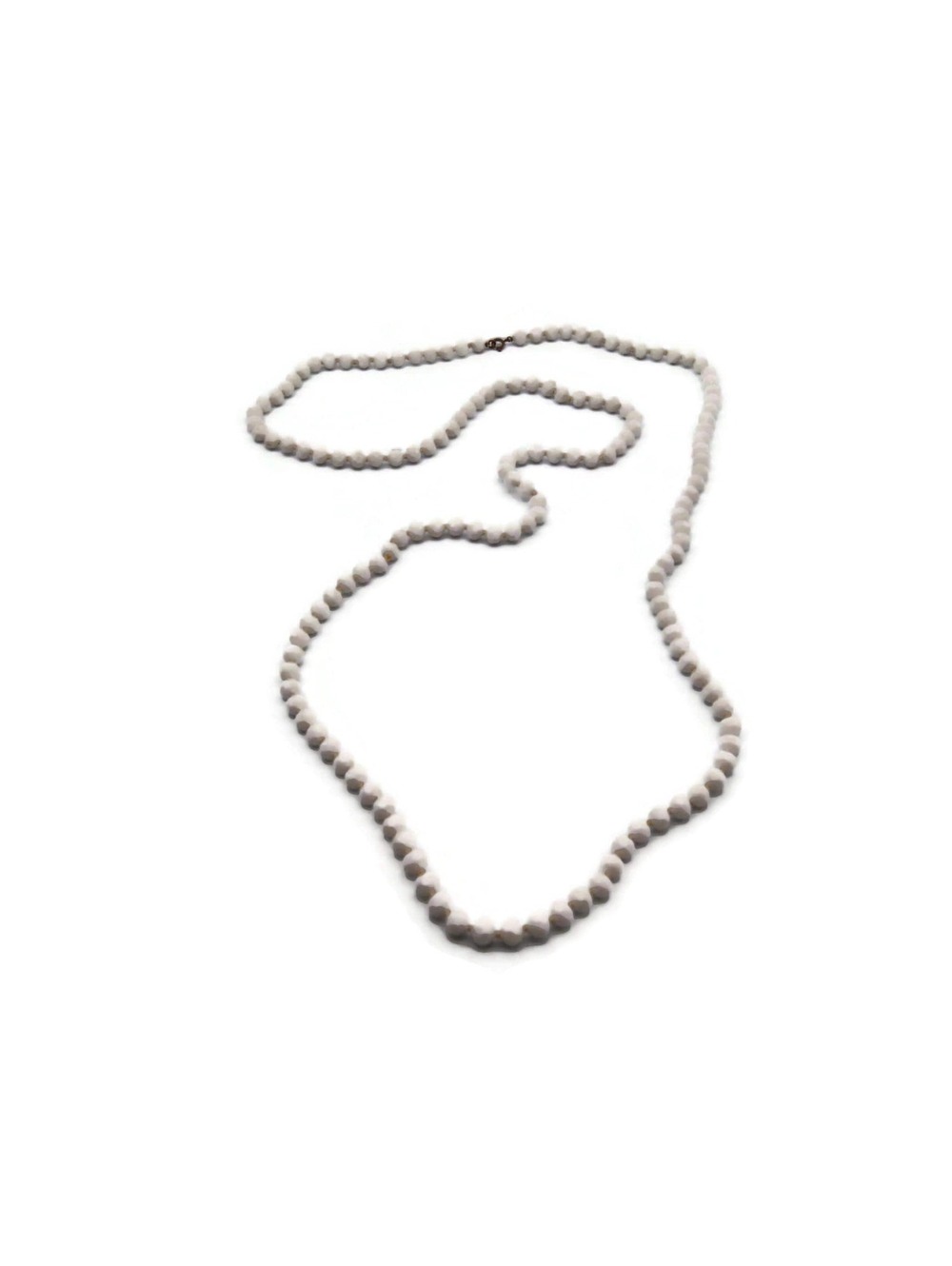 Vintage Individually Knotted White Plastic Beads Necklace, 54"